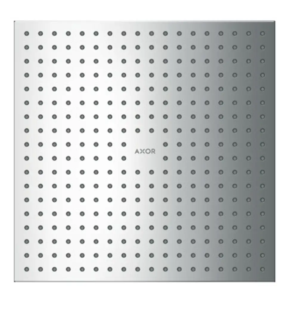 Kopfbrause mit quadratischer Form und zahlreichen kleinen Düsen, aus glänzendem Chrom, mit der Marke AXOR auf der Oberfläche.